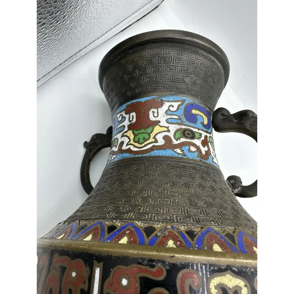 Antique Japanese Enamel‎ Cloisonne Champleve Bronze Vase 10
